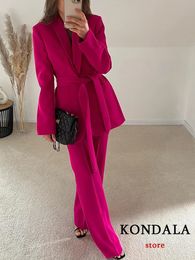 Womens Two Piece Pants KONDALA Vintage Solid Roesred Women Suits Office Lady Fashion Long Sleeve V Neck Bow Belt Oversized Blazer Wide Leg 231206