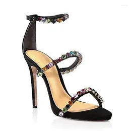 Sandals Sexy Colorful Rhinestone Sewed Strappy Woman Stiletto High Heel Galdiator Summer Cutout Giltter Crystal Banquet Shoes