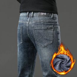 Womens Jeans Straight Elastic Fleece Mens Clothing Winter Thick Warm Casual Slim Fashion Male Retro Denim Trousers 231206