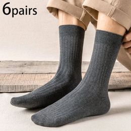 Men's Socks High Quality Autumn Winter Mens Pure Cotton Warm Knitted Stripe Solid Color Male Casual Japanese Korean 6 Pairs 231205