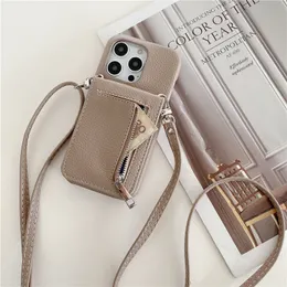 Luxury Crossbody Litchi Pattern Zipper Mirror Phone Case for iPhone 15 Plus 14 13 12 11 Pro Max XR XS Card Slot Lychee Print Leather Wallet Chain Bracket Back Shell