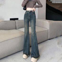 Damen Jeans Frauen Herbst/Winter Plüsch Hohe Taille Elastische Schlaghose Quaste Bodenwischer Y2K Retro Street Denim Hose mit weitem Bein