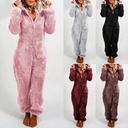 Women's Sleepwear 5 Color's Fashion Long Sleeve Hooded Faux Fur Jumpsuit Pajamas Casual Winter Warm Solid Color Cute Bear Rompers Homewear 231206