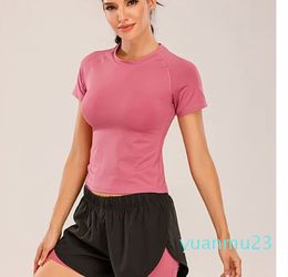 Women Yoga Outfit Short Sleeve Crew Neck Seamless Quick Dry Fintness Gym Short Top Summer T Shirt T