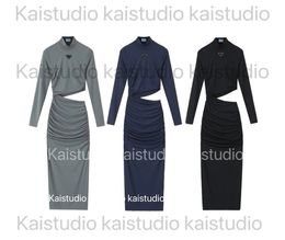2023 primavera/verão design europeu e americano feminino wear francês aberto versátil casual fino ajuste vestido de manga comprida
