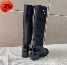 New Triangle panelled Boots Thigh-High chunky block heel leather nylon sole Women's luxury designers high quality Fashion Party Dress shoes factory footwear838