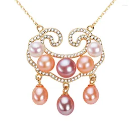 Pendant Necklaces 925 Silver Zircon Necklace Colorful Freshwater Pearl Longevity Lock Women's Day Gift One Piece Drop Ornament