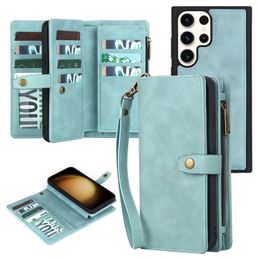 Detachable Magnetic Wallet Flip Leather Case For Samsung Galaxy S23 S22 Ultra S21 Plus S20 S23FE Card Slots Holder Pocket Zipper Purse Premium Phone Cover Hand Strap