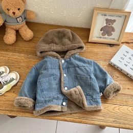 Jackets 1-8 Years Old Children's Thick Warm Hooded Jeans Jacket Winter Fashion Baby Boys Girls Casual Loose Colour Contrast Kids Clothing