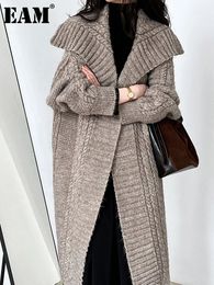 Women s Fur Faux EAM Camel Big Size Long Knitting Cardigan Sweater Loose Fit Lapel Sleeve Women Fashion Spring Autumn 2023 1DH2493 231206
