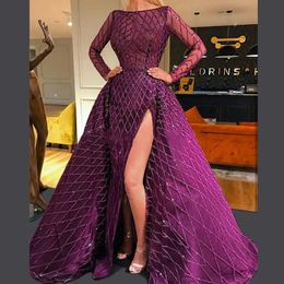 New Fashion Purple Prom Dress 2024 with Detachable Train Long Sleeves Side Split Overskirt Evening Formal Gowns Robes De Soiree Custom Made