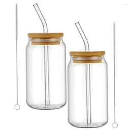 Wine Glasses 2 Sets Coffee Cup Lid Glass Sippy Cups Bamboo Lids Straws Jar Can Shaped