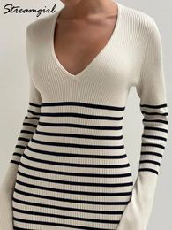 Urban Sexy Dresses Stripe Bodycon Knitted For Women Long Knit Ribbed Black Striped Dress V Neck Elegant Maxi Dresse Sleeves 231206