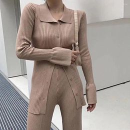 Women's Sweaters 2 Pcs/Set Trendy Women Sweater Trousers Suit Turn-down Collar Comfy Spring Coat Pants Set Anti-shrink