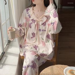 Women's Sleepwear Women Long Sleeve Pajamas Set Autumn Cotton Print Pyjamas Nightwear Lounge Sets Young Girl Pijama Suit Femme Home Wear