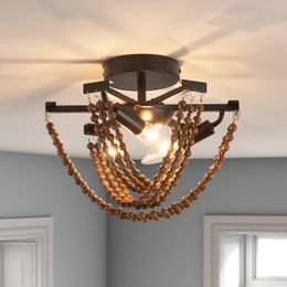 Wood Beaded Ceiling Light Black Chandelier Dining Room Lighting Fixtures-3 Light Antique Rustic Pendant Lighting Mini Chandeliers for Bedroom Entryway Kitchen