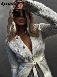 Women s Fur Faux Solid Slim Knitted Sweater Women Lace Up Single Breasted Long Sleeve O Neck Female Knitwear 2023 Autumn Winter Knit Cardigan 231206