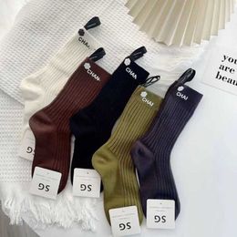 Hosiery Socks value stamping letters for women's middle sleeves ins socks fashionable camellia flowers pure cotton small fragrant style wearing on the outside JHG1