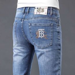 2023 Autumn New Men's Jeans Pants Slim Fit Small Straight Elastic Mid Waist Luxury Brand Light Blue Denim
