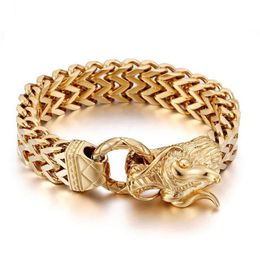 Punk Rock 25CM Dragon Head Cool Mens Bracelets & Bangles Gold Colour Stainless Steel Chain & Link Bracelet Men Jewelry157C