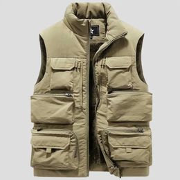 Men's Vests Autumn Winter Plush Vest Men Thick Warm Sleeveless Parka Windproof Multi Pock Cargo Jacket For Fishing Male 231205