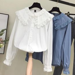 Women's Blouses Korean Version Of Cute Women's Shirt Long Sleeve Spring Solid Colour Stitching Lace Ruffled Doll Collar Hollow Design