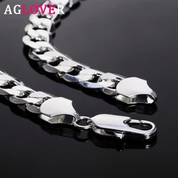 AGLOVER 925 Sterling Silver Cuban Chain 12MM 18 20 22 24 26 28 30 Inch Side Chain Necklace For Woman Man Fashion Jewellery Gift280N