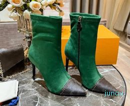 Green Suede Ankle Booties Heel Shoes silhouette Booties With Original box