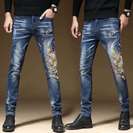 Autumn and Winter Jeans Men's Fashion Brand National Fashion Kirin Embroidery Pants Men's Elastic Slim Fit Feet Pants China-chic