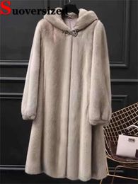 Women's Fur Faux Hooded Thicken Furs Overcoats Winter Warm Imitate Mink Jacket Oversize 80kg Loose Furry Chaquetas Midlenght Plush Jaqueta 231205