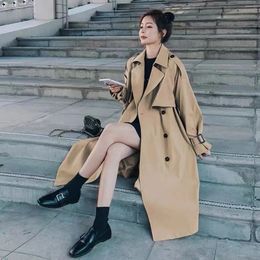 Women s Trench Coats Khaki Windbreaker Women Fall Elegant Korean Casual Long Coat Loose Retros Double Breasted Solid Tunic Sashes Overcoats 231206