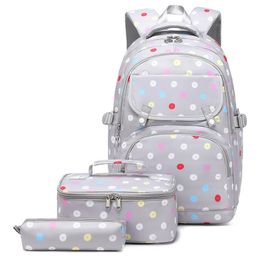 School Bags Primary for Girls 3 Pcs Set Waterproof Kids Schoolbag Backpack Child With Pencil Case Lunchbox Dot Printed Book Bag 231206