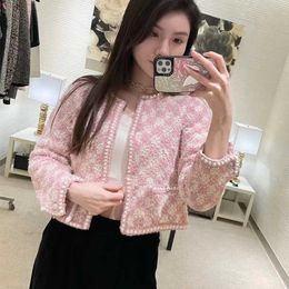 Knits Women's s Xiaoxiangfeng Mingyuan Pink Green Plaid Knitted Round Neck Glass Yarn Short Handmade Rope Weaving Thick Flower Mud Cardigan Coat 9SO0