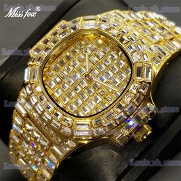 Other Watches MISSFOX Gold Full Diamond Mens es Iced Out Bling Quartz Wrist Stainless Steel High Quality AAA Clock Dropshipping 2023 T231206