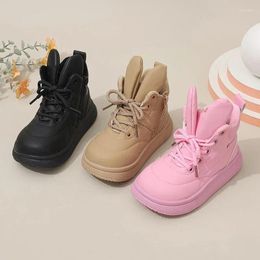 Boots Children Fashion Leather Short Kids Ear Lace-up Ankle Boys Girls Non-slip Solid Colour Warm Cotton Shoes