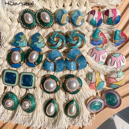 Stud HUANZHI Vintage Retro Enamel Drop Oil Blue Green Colourful Pearl Geometry Earring for Women Ear Jewellery Gift 231205
