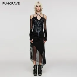 Casual Dresses PUNK RAVE Women's Gothic Mystery Skulls Print Slip Dress Party Club Halloween Black Long Cuffs Finger Holes