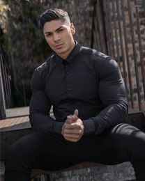 Men's Casual Shirts Autumn Sports Muscle Shirt Fitness High Elasticity Long Sleeve Inner Wear Non-Ironing Non-Transparent Slim Suit