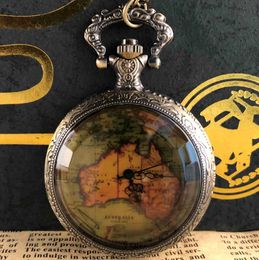 Pocket Watches New Antique Quartz Pocket Watch Personalised Map Design Necklace Pendant with Chain Clock For Men Women reloj de bolsilloL231120