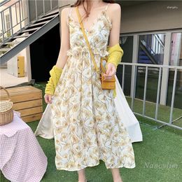 Casual Dresses Summer Dress Women Chiffon Floral Print Spaghetti Strap Holiday Travel Beach Wear Girls Ladies Vestidos Nancylim