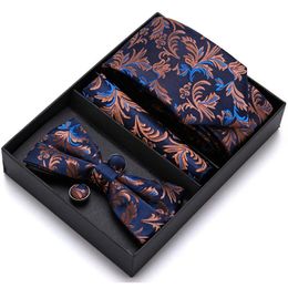 Neck Ties Silk Men's Bow Tie Set for Men Purple Solid Gold Floral Bowtie Pocket Squre Cufflinks Fashion Necktie in gift box 231206