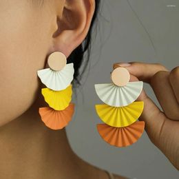 Dangle Earrings Personalised Temperament Exaggerated Fashion Spray Painted Colourful Geometric Fan-shaped Metal