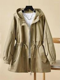 Women's Trench Coats 2023 Mid Length Coat Women Retro Hooded Windproof Warm Drawstring Waistband Frock Autumn Winter Plush Big Pocket Jacket