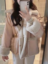 Women's Trench Coats Y2k Winter Lambswool Parkas Women Double Side Wear Thick Fleece Coat Female Korean Fashion Cute Preppy Single Breasted