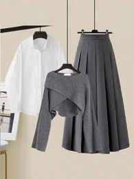 Two Piece Dress Autumn 3 Set For Women Outfit Office Ladies Elegant Irregular Knitted Tops white Blouse high Waist Pleated Skirt Sets 2023 231207