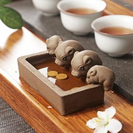 Tea Pets Set Purple Sand Pet Four Little Pigs Drinking Water Ornaments Chinese Crude Pottery Home Tray