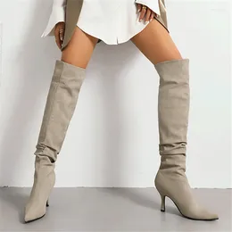 Boots Super High Thin Heels Suede Upper Women Casual Soft Sole Thigh Boot Retro Style Solid Color Pointed Toe Slip-On Slouch