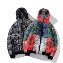 Men's Jackets 2023 Winter Jacket Men Bandana Print Patchwork Cotton Padded Coat Thick Warm Hooded Varsity College University Outerwear 231207