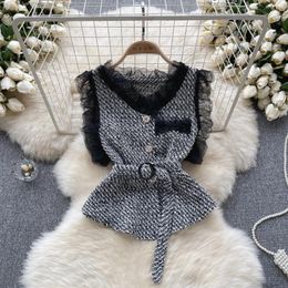 Women's Vests Waistcoat Women Lace Patchwork Button Sleeveless Vest Woman With Belt V Neck French Chic Casaco Feminino Autumn Drop