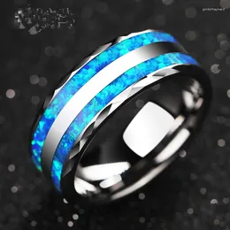 Cluster Rings Men's Fashion Silver Color Stainless Steel Ring Double Polished Groove Blue Opal Inlay Wedding Engagement For Women